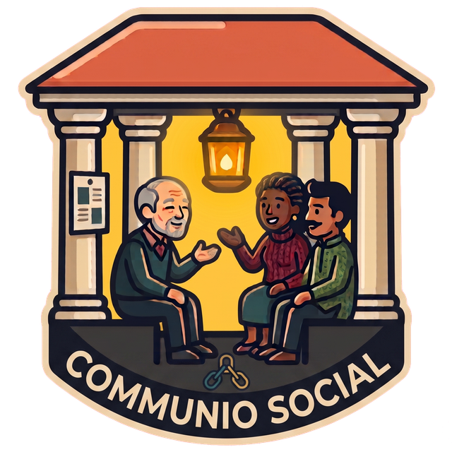 Communio Social pavilion — people gathering in a warm community space